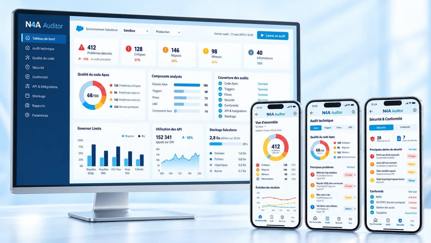 Illustration de Auditor : tableau de bord sur PC et trois écrans mobiles présentant ses fonctionnalités