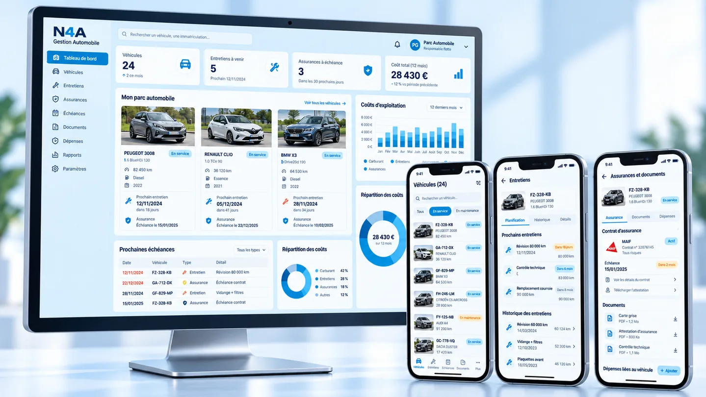 Illustration de Gestion Automobile : tableau de bord sur PC et trois écrans mobiles présentant ses fonctionnalités