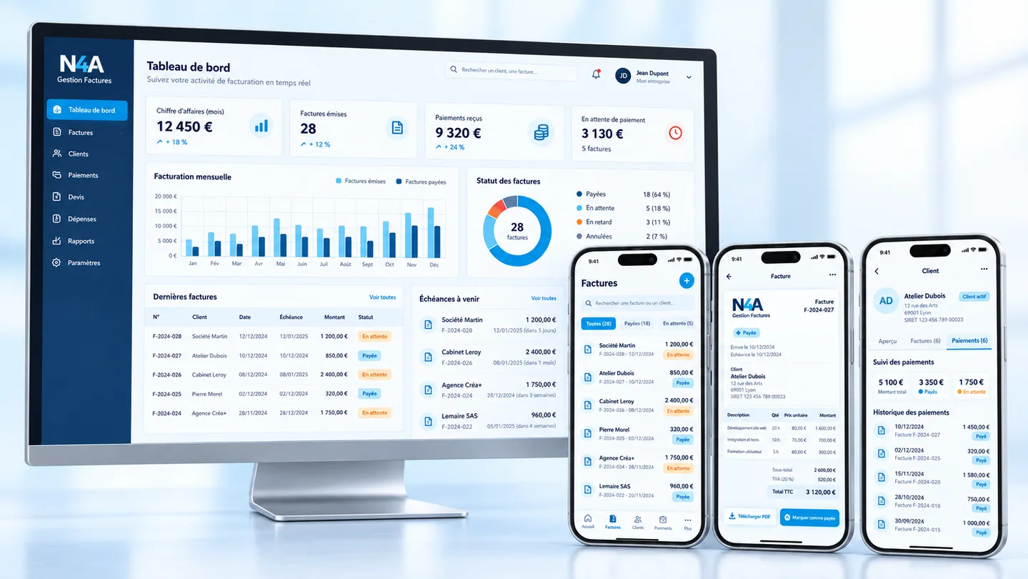 Illustration de Gestion Factures : tableau de bord sur PC et trois écrans mobiles présentant ses fonctionnalités