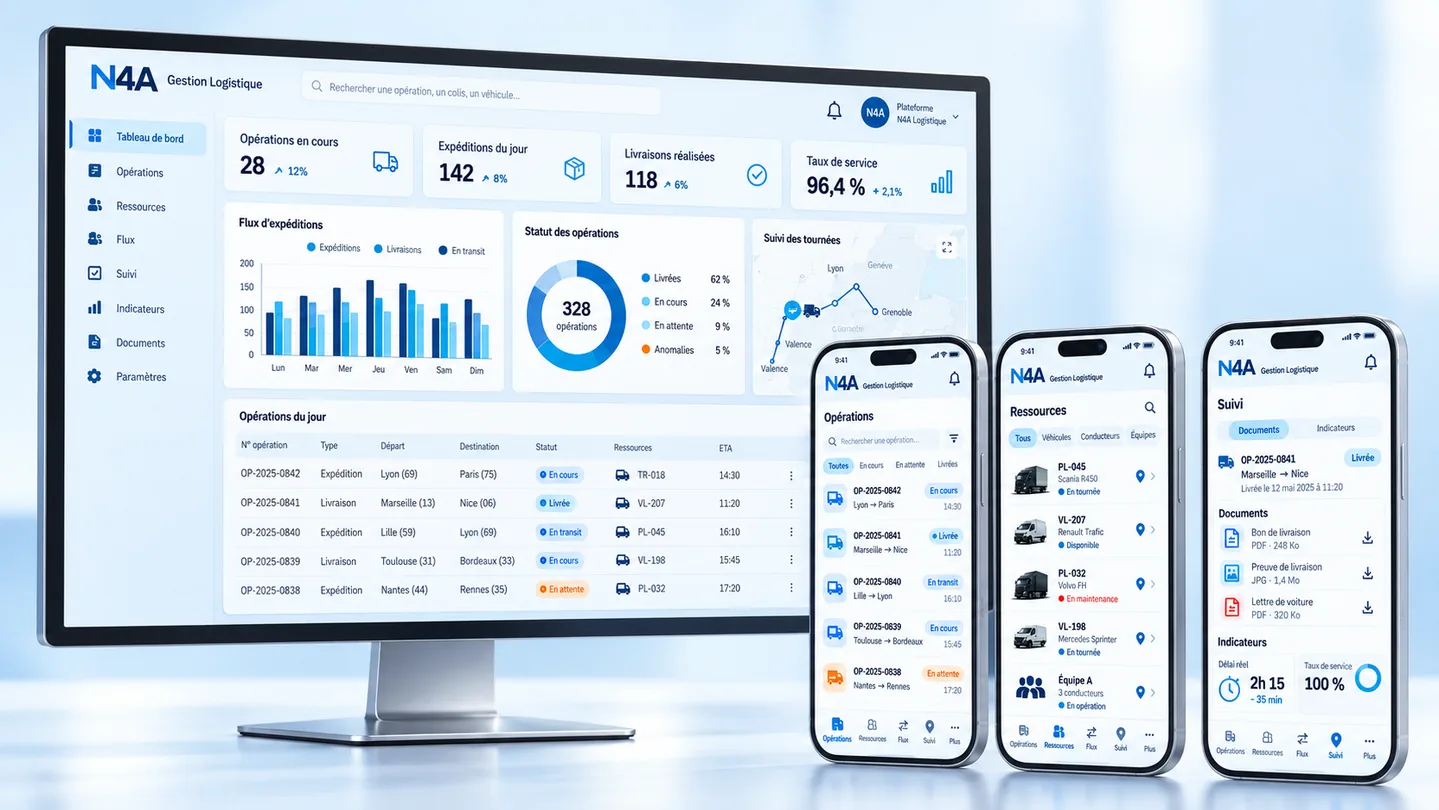 Illustration de Gestion Logistique : tableau de bord sur PC et trois écrans mobiles présentant ses fonctionnalités